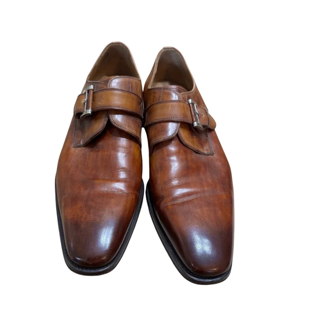 Magnanni Mens Cognac Leather Single Monk Strap Cap Toe Dress Shoes Size 13 Spain